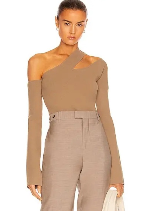 Nanushka Tops - Nanushka Olivia Asymmetric One-Shoulder cut out Long Sleeve Top - Taupe S
